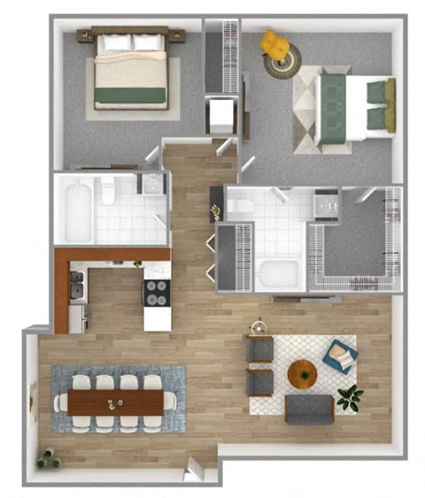 Floor plan for 2 beds, 2 baths, 953 sqft